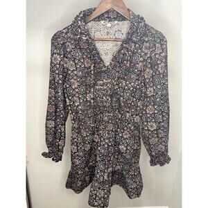 Walter Baker L Black Brown Geometric Cotton Mini Dress V-Neck Ruffle Sleeve